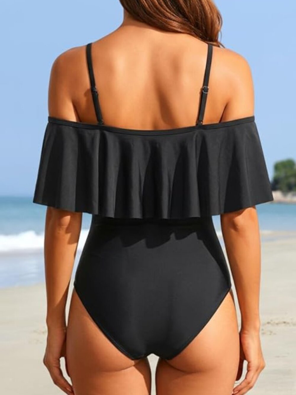 New One Piece Off Shoulder Ruffled Bathing Suit - Picture 4 of 14